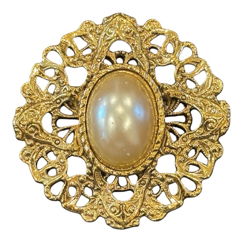😍2/$20 vintage gold tone openwork filigree brooch large oval faux pearl cabochon